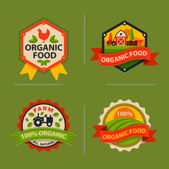 Flat style of bio organic eco healthy food label logo template and vintage vegan farm element in orange green color badge vector illustration.