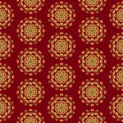 Vector seamless background pattern of circular ornament colored mandala repeating on red background