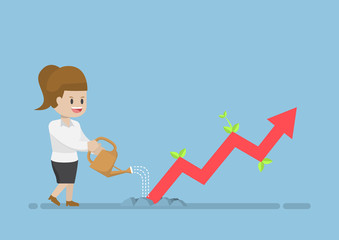 Businesswoman Watering Business Graph that Growth Through the Ground