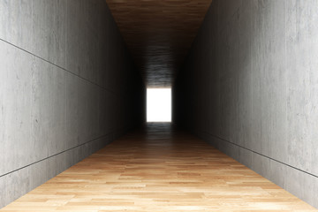 3d rendering : illustration of Abstract square cement concrete wall tunnel interior with wooden floor ,light at the end of tunnel, go to success concept, abstract tunnel background