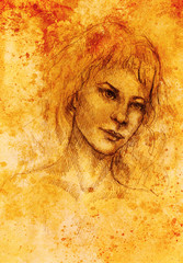 Fototapeta na wymiar handrawn portrait of young woman on background with structured graphic effect.