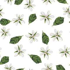 Seamless pattern with white flowers and beads and green leaves painted by watercolor . Hand drawn illustration.