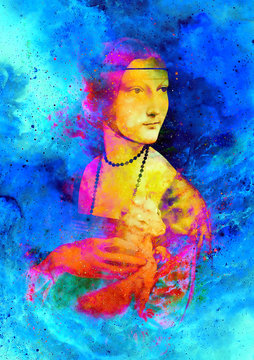 Graphic effect collage of my reproduction of painting Lady with an Ermine by Leonardo da Vinci. Cosmic background.