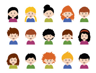 Big set of vector kids avatars,cute cartoon boys and girls faces with various emotions