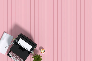 3d Reddering : illustration of vintage typewriter paper and ceramic cup coffee latte art on pink wooden tile background. vintage ancient picture background. roll of white paper little tree decor