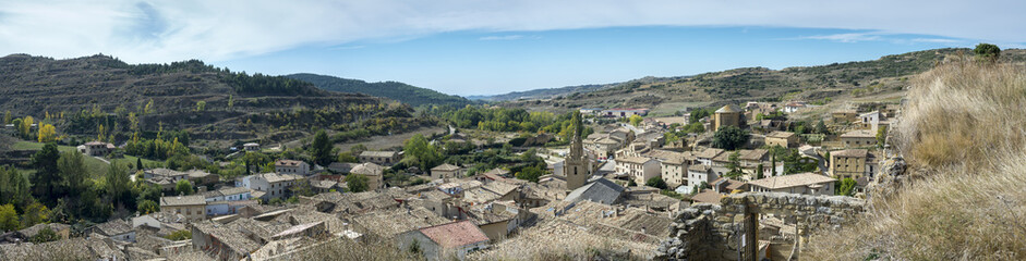 Fototapeta na wymiar Panoramic view of Uncastillo. It is a historic town and municipality in the province of Zaragoza, Aragon, eastern Spain. It can be seen San Juan and Santa Maria Churches