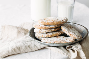 Finnish rye flat bread on rustic background. Traditional lapland food