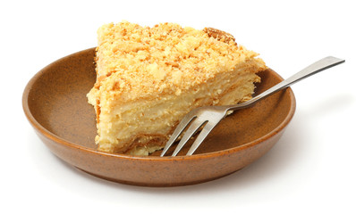 cake napoleon on plate isolated on white background