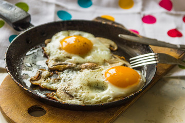 Two fried eggs with mushrooms in a pan