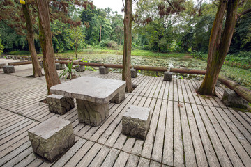 chairs and table in forest