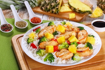 fried chicken with vegetables and rice