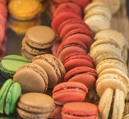 French colorful macaroons on the shelf for sale and gift