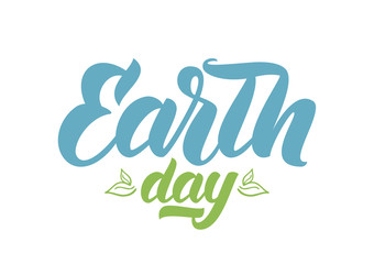 Vector illustration. Handwritten brush lettering of Earth Day with Hand drawn leaves on white background.
