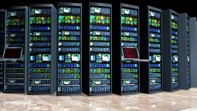 Server room in datacenter, room equipped with data servers. LED lights flashing. 3D render 