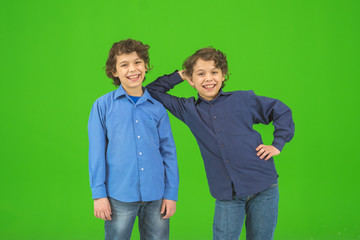 Obraz premium The two little twin stand on the green background