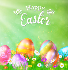 Fototapeta na wymiar Happy Easter Card with Eggs, Grass, Flowers