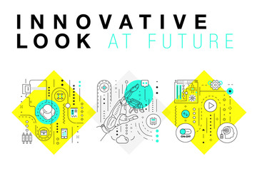 Trendy Innovation systems layouts in polygonal contour line composition, future analysis and technology operations. Made in awesome geometry style with linear pictogram of future for web design.