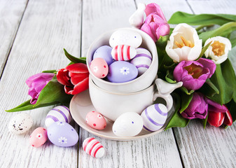 Easter eggs and tulips
