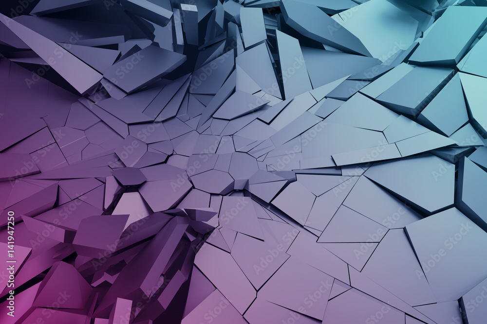 Poster abstract 3d rendering of cracked surface. background with broken shape. wall destruction. bursting w