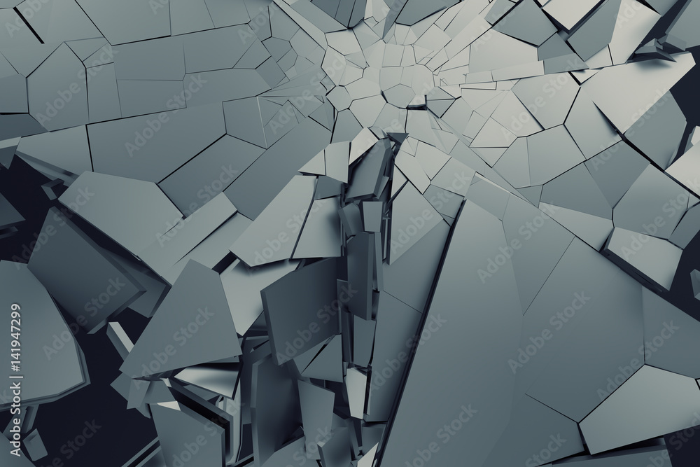 Poster abstract 3d rendering of cracked surface. background with broken shape. wall destruction. bursting w