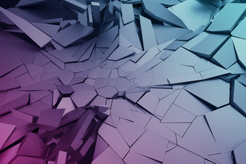 Abstract 3d rendering of cracked surface. Background with broken shape. Wall destruction. Bursting with debris. Modern cgi illustration. Design for poster, banner, placard, cover, print.