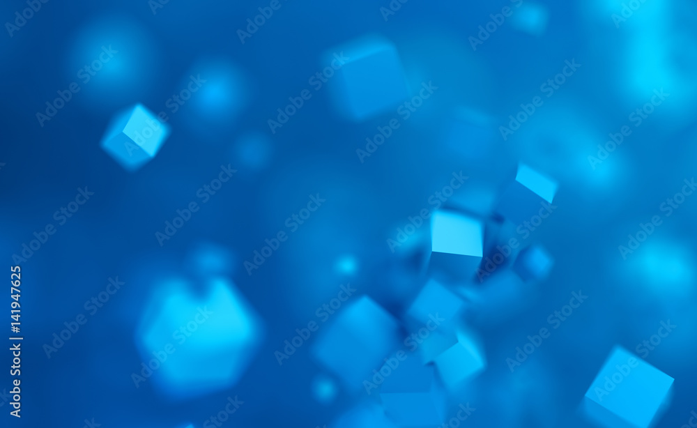 Poster abstract 3d rendering of chaotic cubes. flying shapes in empty space. dynamic background with bokeh,