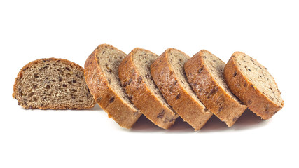 Dark rye bread with seeds on white background