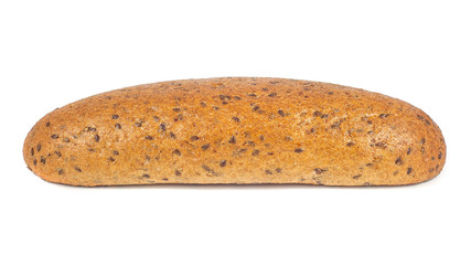 Dark rye bread with seeds on white background