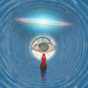 Figure in red robe floating to God's eye in blue tunnel  Some elements provided courtesy of NASA
