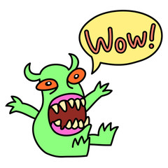 Cartoon monster screaming Wow. Speech bubble. Vector illustration.