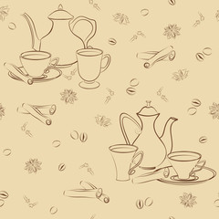 Seamless pattern with coffee pot, cups, cinnamon, coffee beans, anise and cloves.