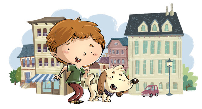 ni&ntilde;o y perro en la ciudad