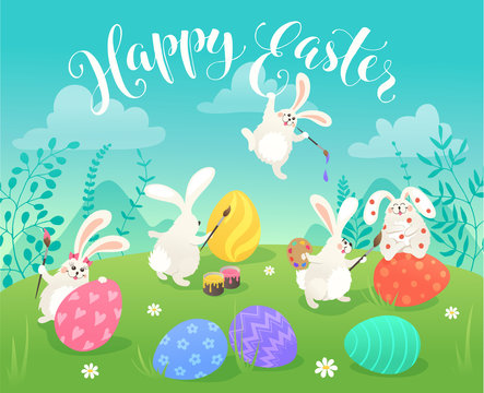 Easter greeting card with white cute bunnies drawing on colorful eggs. Fun illustration of rabbits and eggs on grass and Happy Easter text.