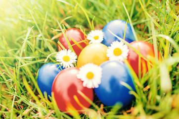 Easter holiday. Colorful Easter eggs in a grass