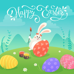 Happy Easter greeting card with white cute bunnies drawing on colorful eggs. Fun illustration of rabbits and eggs on grass and Happy Easter text.