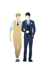 Gay wedding couple in suits. Same-sex family. Gay marriage. Two caucasian men getting married on isolated background. Vector art, cartoon style. Design for wedding invitation, Save the Date cards.