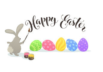 Cute Easter bunny coloring eggs. Fun illustration of rabbit with Happy easter text isolated on white background.