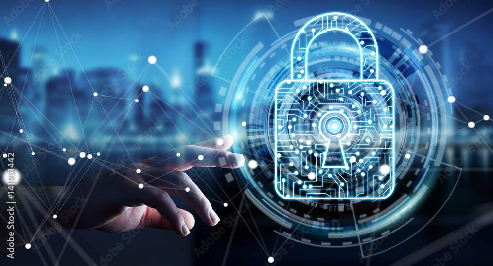 Aufkleber businessman using digital padlock to secure his datas 3d rendering
