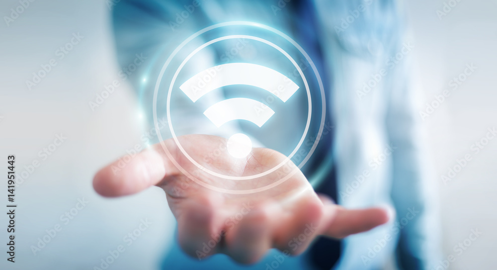 Aufkleber Businessman using free wifi hotspot interface 3D rendering