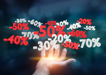 Businessman holding sales icons in his hand 3D rendering