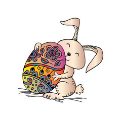 Bunny hugging an Easter egg. Hand drawing illustration.