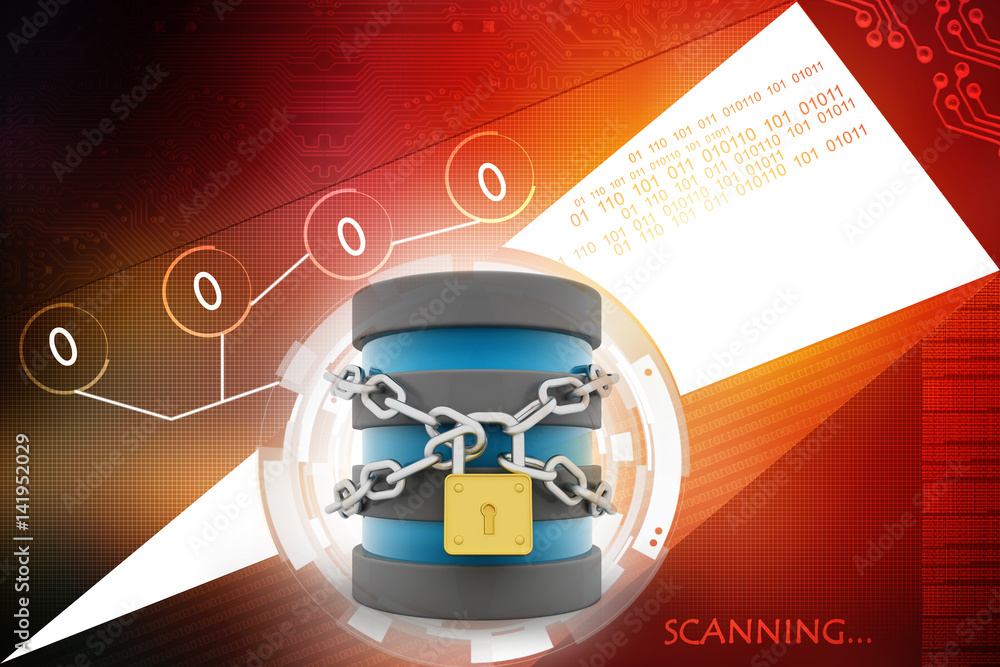 Poster 3d illustration database storage security concept. disk with lock