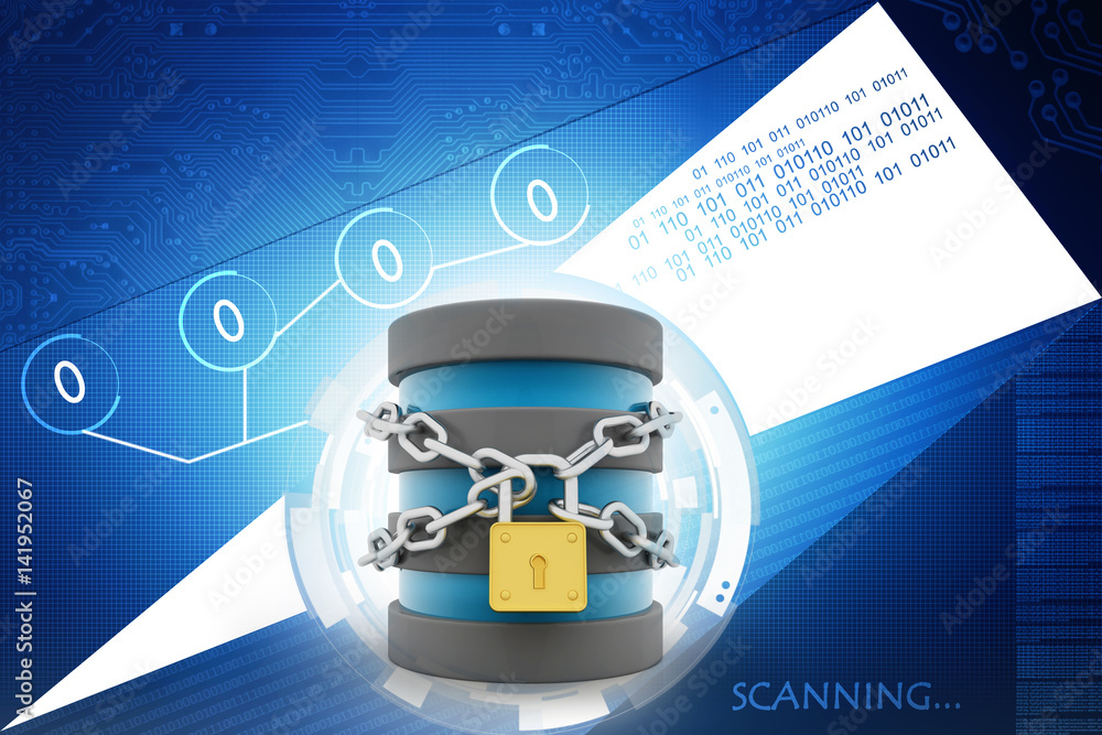 Poster 3d illustration database storage security concept. disk with lock