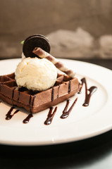 Chocolate waffle with vanilla ice cream.