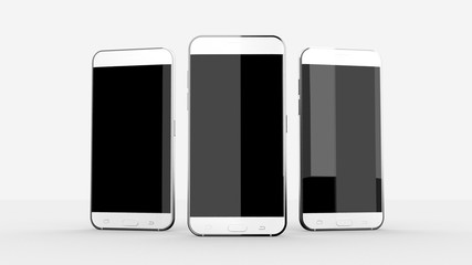 3 Phones Mock UPs In White Studio Environment, Black Screen, Vertical Screens Position, Outside Orientation, 3D Illustration
