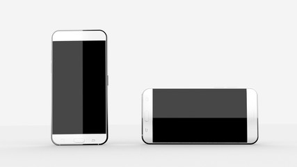 2 Phones Mock UPs In White Studio Environment, Black Screen, Vertical And Horizontal Screens Positions, 3D Illustration
