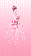 Art sketching of beautiful young bride with pink flowers. Vector illustration of pretty girl in ball gown on gradient background with pattern.