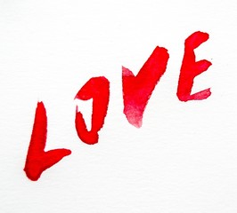 Watercolour painted red word love