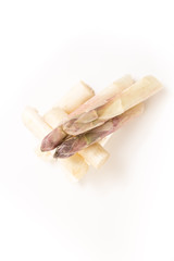 Cut white asparagus spears, on white background