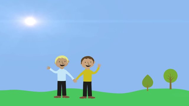 Two gay men holding hands in nature. Animated character with flat design. Concept of love, partership and relationship.